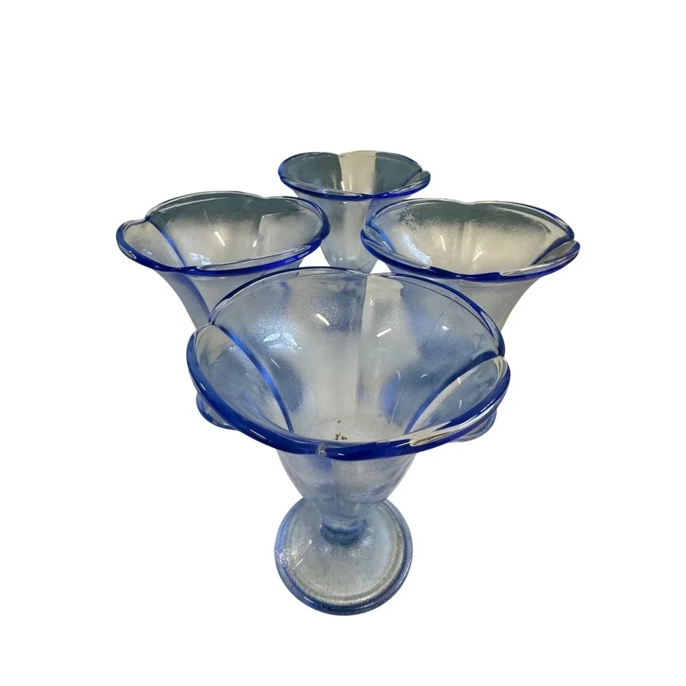 Vintage Frosted Light Blue Glass Sundae Dishes Cobalt Blue Rim Set of 4 Footed